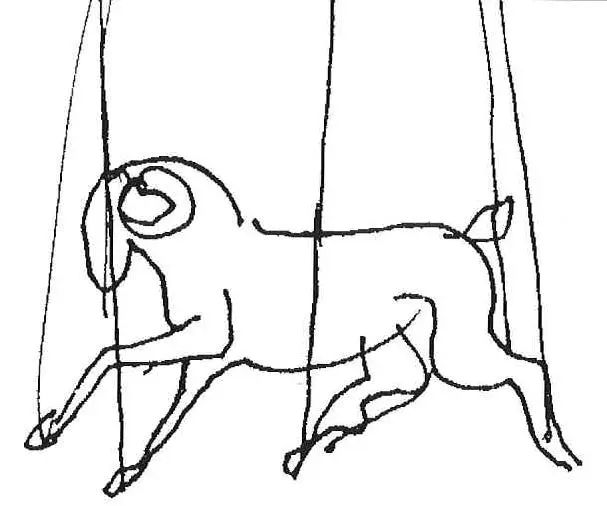 Esquisse préparatoire de Dario Fo du faux bélier, pour LE MÉDECIN VOLANT de Molière, 1990.