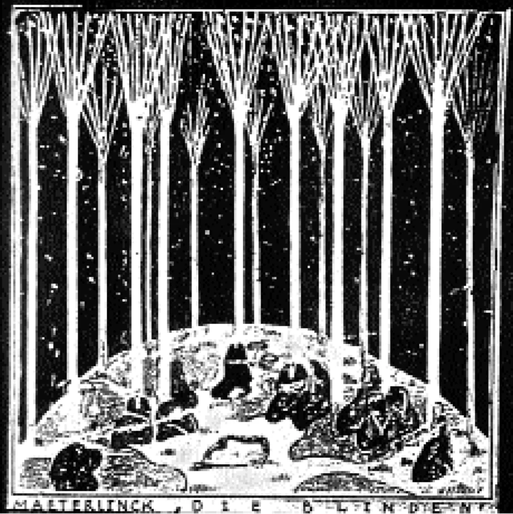 Gravure d'Otto Reigbert pour le théâtre de Fribourg (1912),reproduit par Jean Cassou dans MAURICE MAETERLINCK, Bruxelles, La Renaissance du Livre, 1962, hors-texte, p. 368-369.