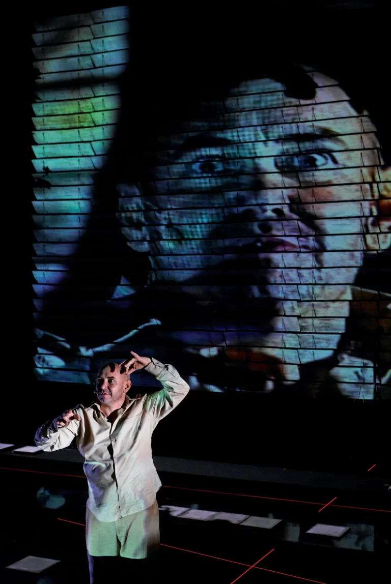 Dirk Roofthooft dans ROUGE DÉCANTÉ de Jeroen Brouwers, adaptation de Guy Cassiers, Dirk Roofthooft et Corien Baart, mise en scène Guy Cassiers / Toncelshuis, Festival d'Avignon 2006. Photo Christophe Raymand de Lage.