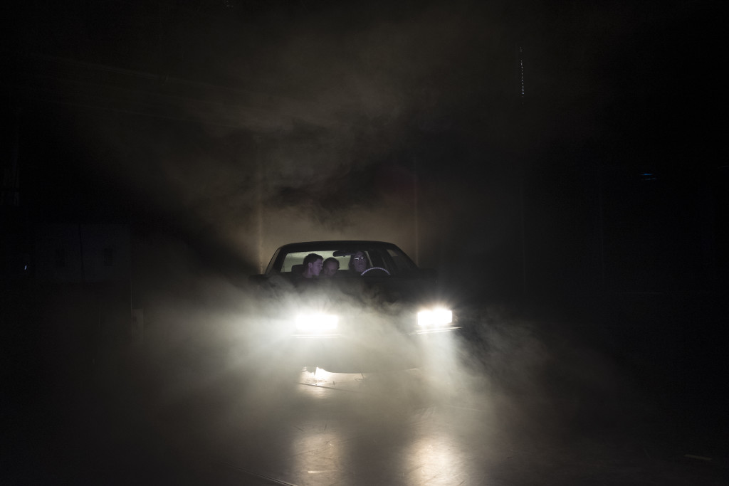 BRUSSELS, BELGIUM-NOVEMBER 8, 2015: Rehearsal of the theater play "Darius, Stan et Gabriel contre le monde méchant" by Claude Schmitz at Les Halles de Shaerbeek, in Brussels. From left to right: Olivier Zanotti (Gabriel), Clément Losson (Stan), Patchouli (Darius). (Photo by Clémence de Limburg)