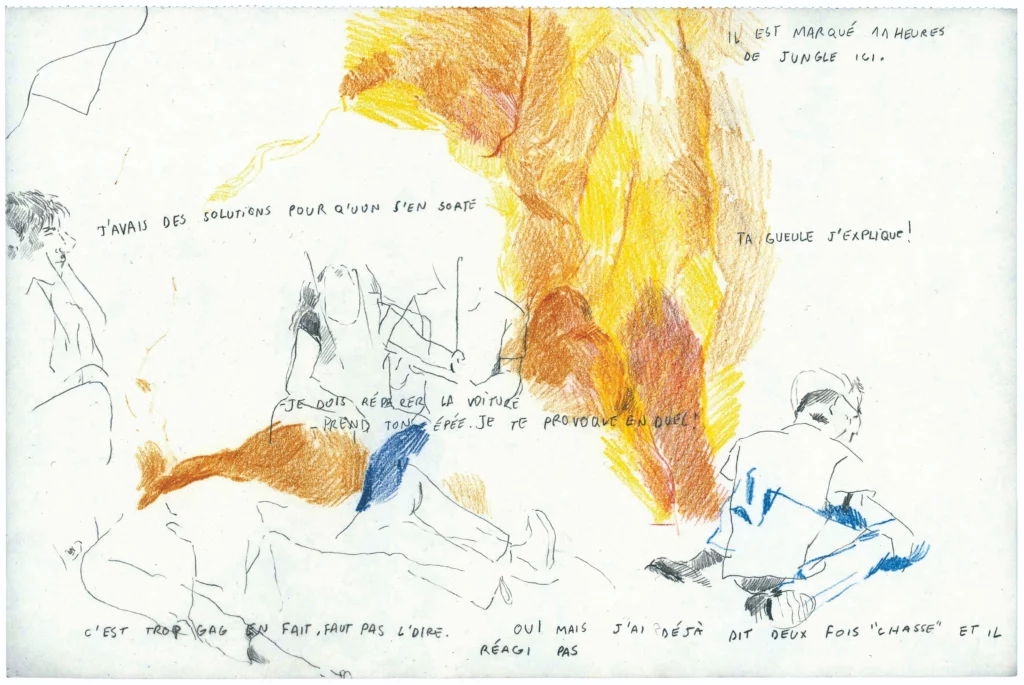 Darius, Stan et Gabriel contre le monde méchant, texte et mise en scène Claude Schmitz, Halles de Schaerbeek, 2015. Croquis de répétitions par Adèle Grégoire.