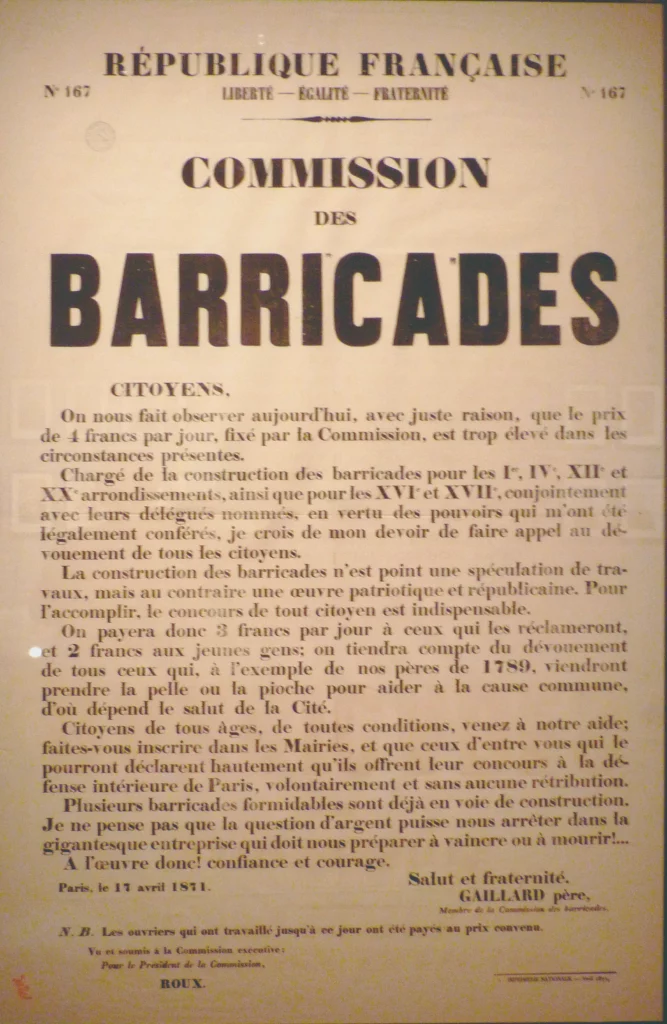Commune de Paris, affiche sur le travail aux barricades.