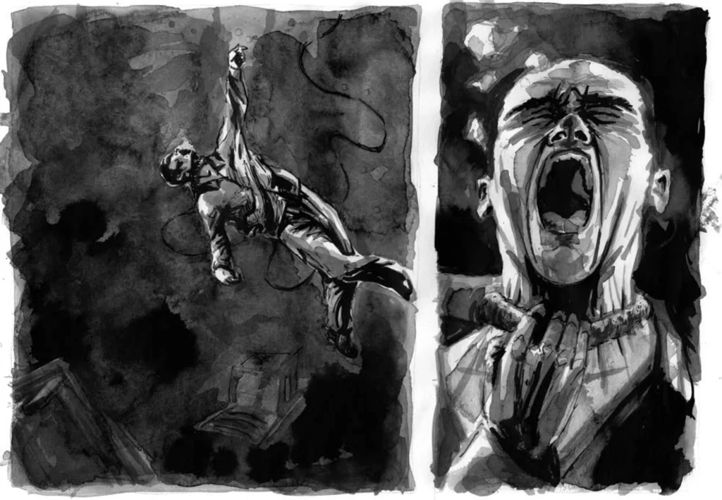 Wade in the Water, écriture et mise en scène Clément Debailleul et Raphaël Navarro. Illustrations originales de Bertrand Nodet, 2014, tirées d’un storyboard réalisé en amont du spectacle.