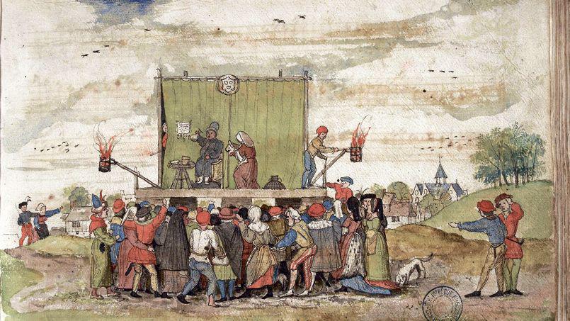 Théâtre de tréteaux, dispositif théâtral itinérant, existant à partir du XVe siècle (BnF/Gallica)