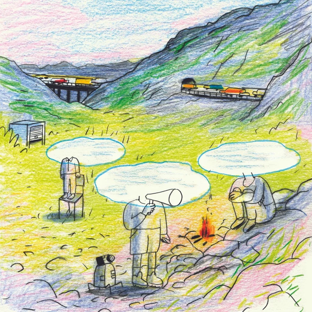 Dessin réalisé par Noémie Marsily pour le projet La nuit peut tomber à tout moment, création radiophonique réalisée par Christophe Rault et écrite par Jean le Peltier, 2022.