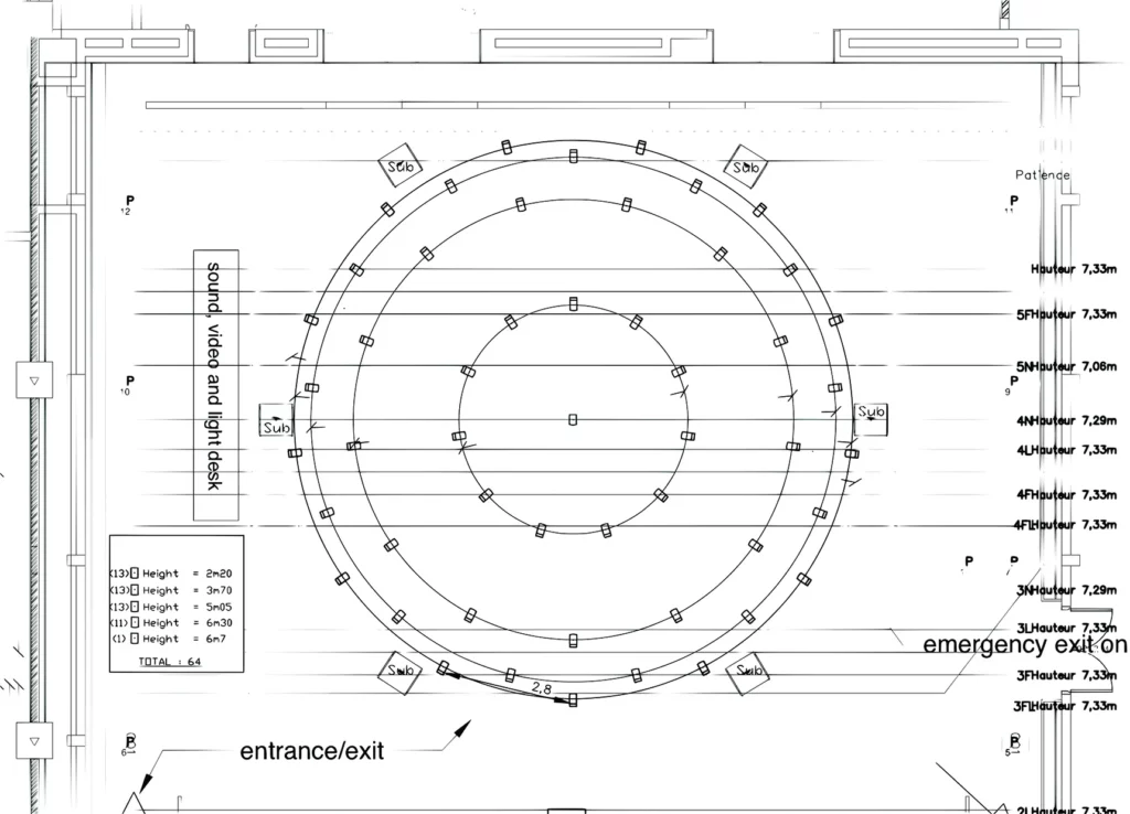 Schéma d’installation de la sphère de haut-parleurs pour Les Bacchantes au Centre Pompidou, 2020. Jérémie Henrot.