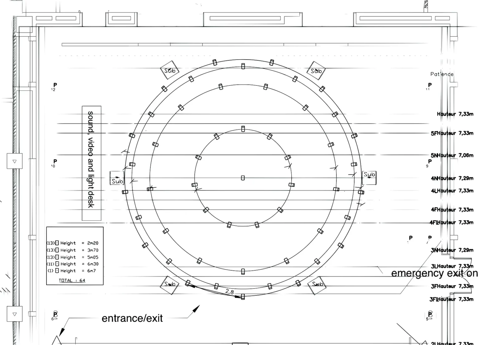Schéma d’installation de la sphère de haut-parleurs pour Les Bacchantes au Centre Pompidou, 2020. Jérémie Henrot.