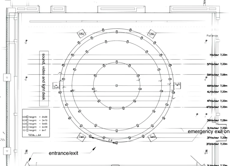 Schéma d’installation de la sphère de haut-parleurs pour Les Bacchantes au Centre Pompidou, 2020. Jérémie Henrot.