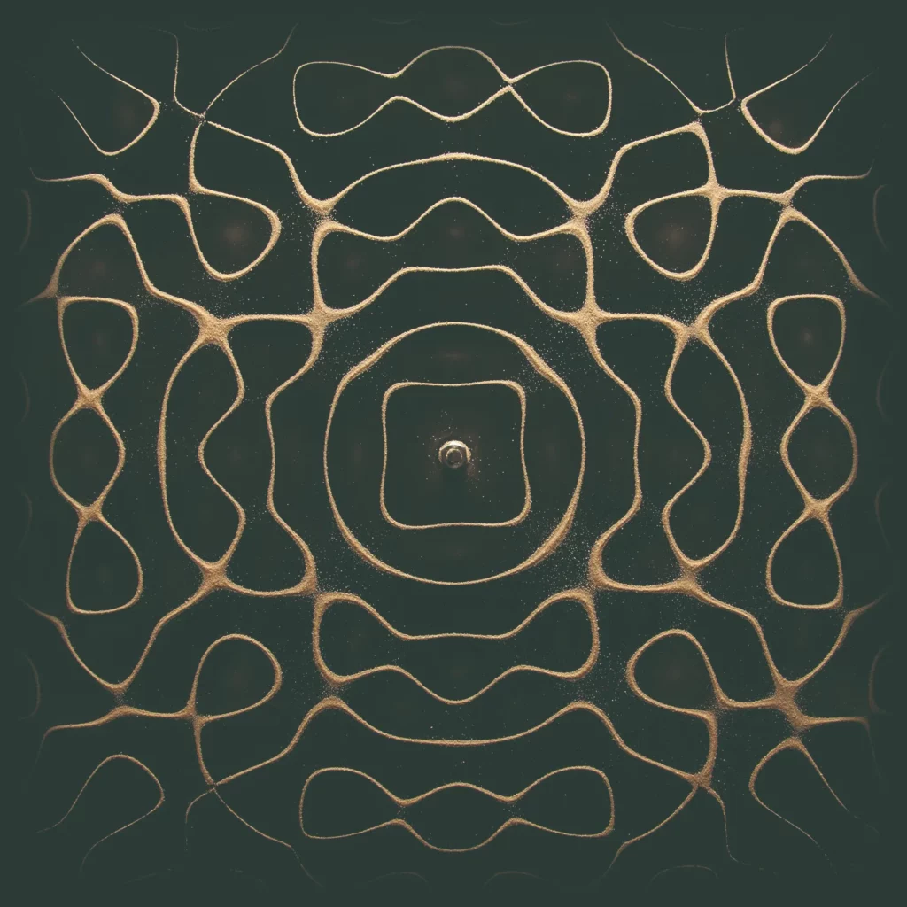 Figure acoustique d’Ernst Éditions de l’Éclat, 2012. Chladni (1756-1827), une des premières représentations graphiques du son réalisée à partir d’une plaque de cuivre, de sable fin et d’un archet.