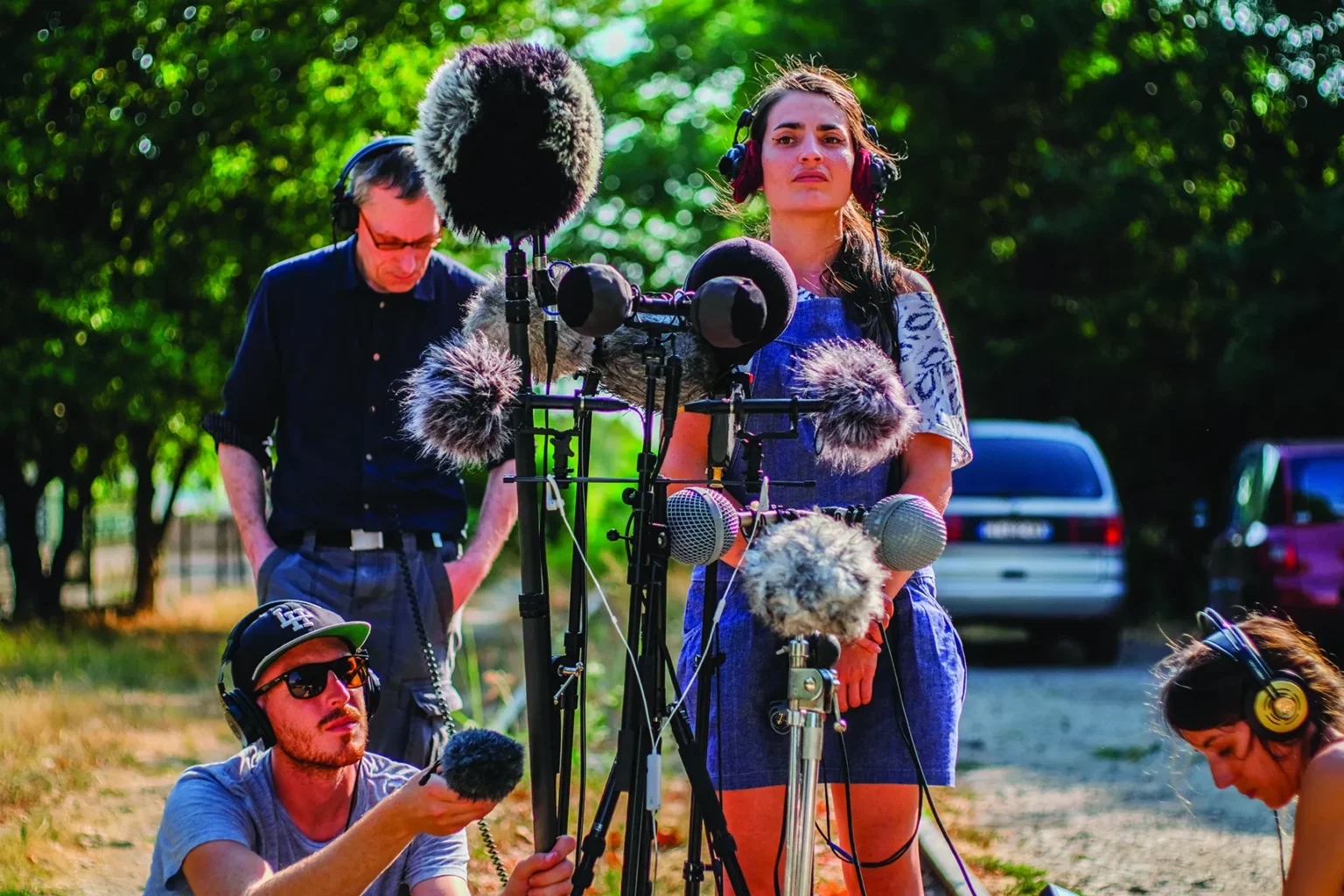 Jonas, Peter, Marie-Lys et Florence pendant le workshop Field Recording animé par Félix Blume pour Phonurgia Nova (France), 2018.