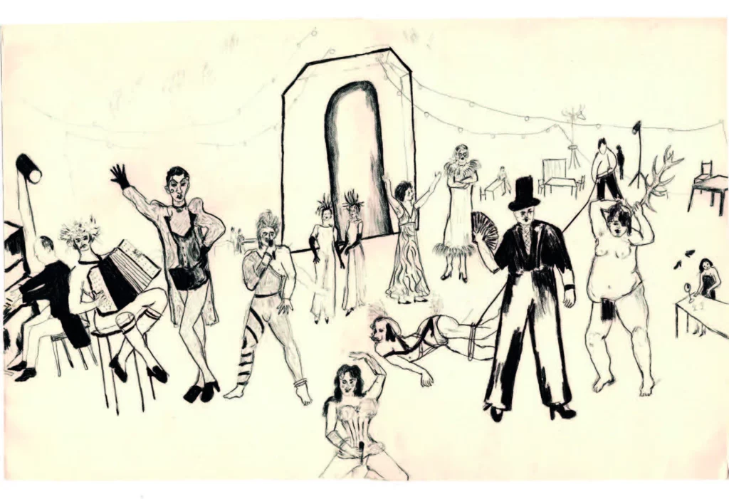 Cham Lavant, Évocation du Secret de Monsieur K. au Théâtre de l’Atelier le 27 juin 2023, 26,5 x 41 cm, 33 exemplaires en risographie, Original 33 Édition, Galerie Hus Paris.