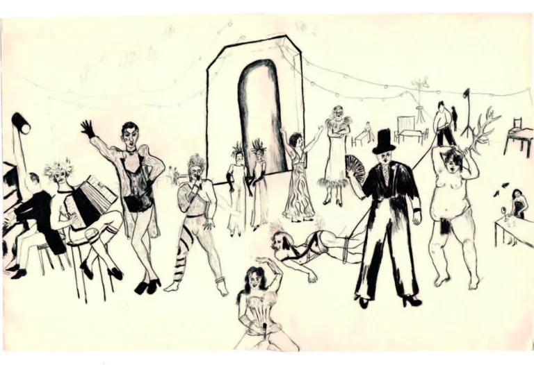 Cham Lavant, Évocation du Secret de Monsieur K. au Théâtre de l’Atelier le 27 juin 2023, 26,5 x 41 cm, 33 exemplaires en risographie, Original 33 Édition, Galerie Hus Paris.