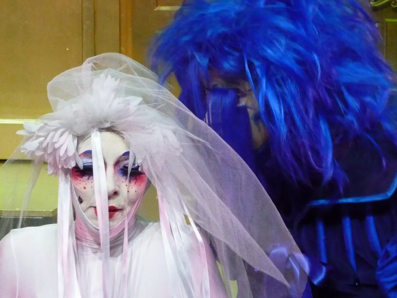 Corinne Cicolari et Franco Senica en répétition dans LA BARBE-BLEUE d’après Charles Perraut, texte et mise en scène Jean-Michel Rabeux, Théâtre de la Bastille, Paris, 2009-2010. Photo Netty Radvanyi.