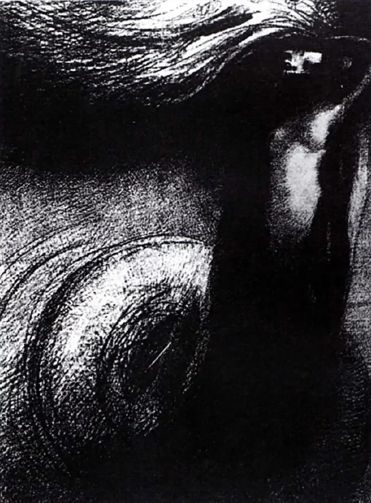 Odilon Redon. LA MORT : MON IRONIE DÉPASSE TOUTES LES AUTRES. Illustration pour LA TENTATION DE SAINT-ANTOINE de Gustave Flaubert, 1889.