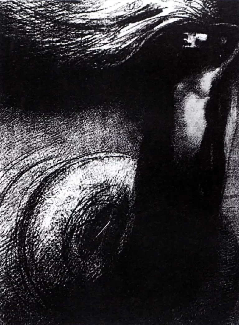 Odilon Redon. LA MORT : MON IRONIE DÉPASSE TOUTES LES AUTRES. Illustration pour LA TENTATION DE SAINT-ANTOINE de Gustave Flaubert, 1889.